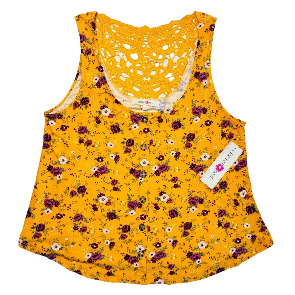 Wishful Park Women's Large Yellow Floral Lace Back Button Front Tank Top‎ NWT